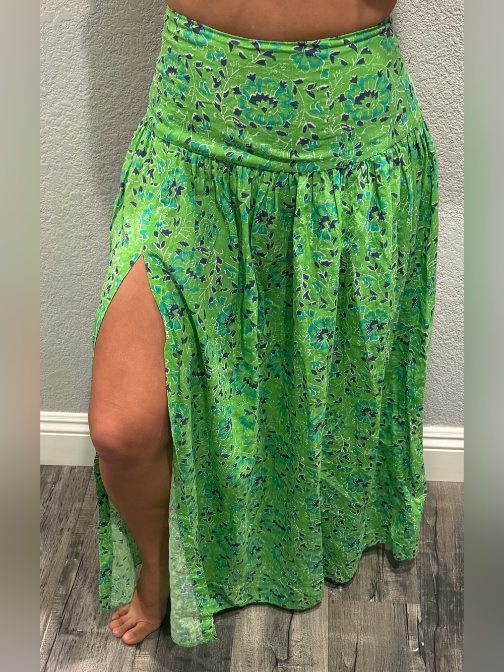 Lulu's Bright Green Floral Side-Slit Maxi Skirt